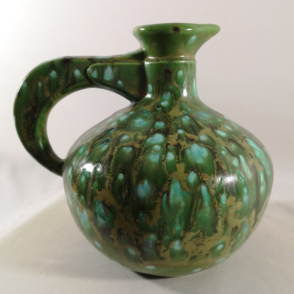 Unique Vintage Studio Art Pottery Vessel, Green Drop & Speckled Vase, Signed 75